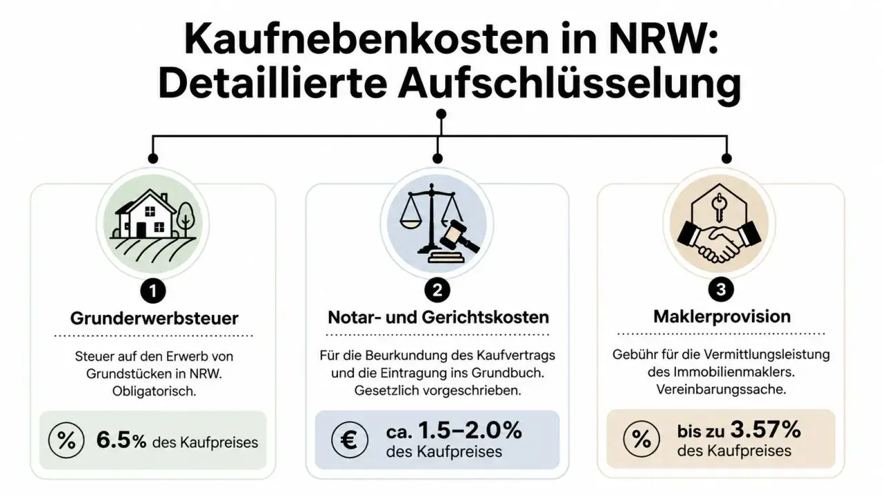 Kaufnebenkosten in NRW: Grunderwerbsteuer (6,5%), Notar-/Gerichtskosten (1,5-2%) und Maklerprovision (bis 3,57%).