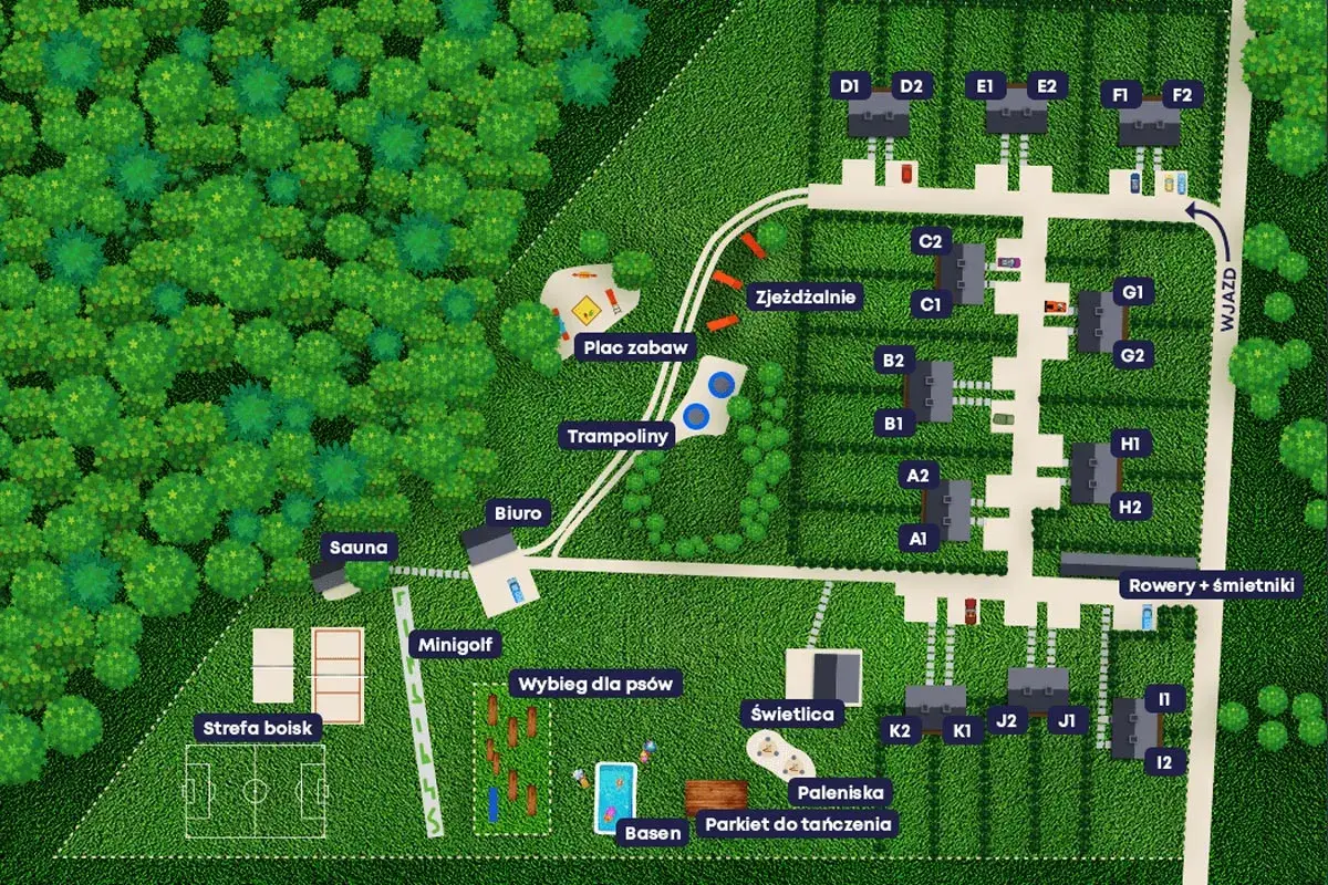 Mapa ośrodka z atrakcjami: plac zabaw, trampoliny, zjeżdżalnie, minigolf, basen, sauna, strefa boisk. Jura Krakowsko-Częstochowska oferuje wiele możliwości wypoczynku.