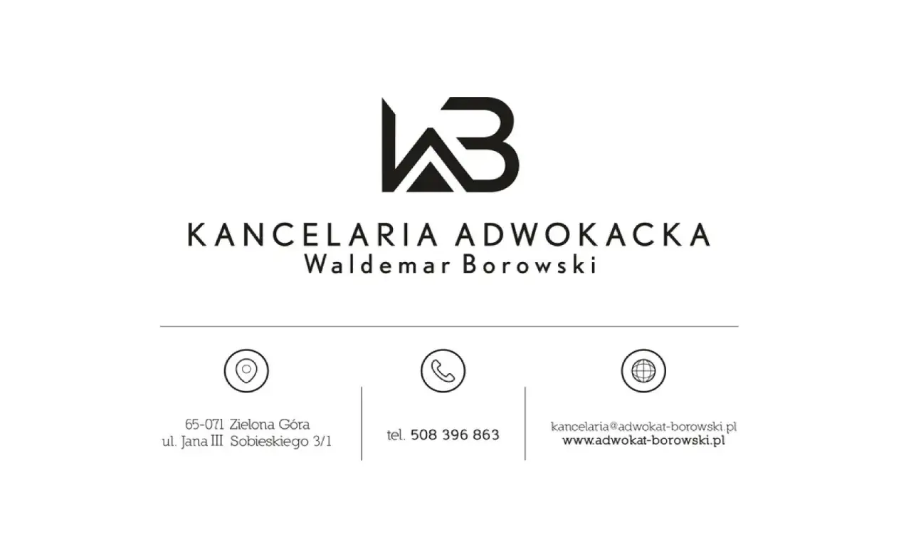 Logo kancelarii adwokackiej Waldemar Borowski z danymi kontaktowymi.