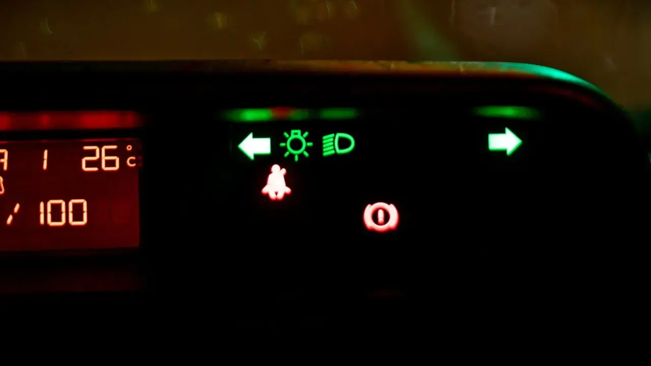 Na desce rozdzielczej świecą się zielone kontrolki: kierunkowskaz lewy, światła mijania, światła drogowe (high beam assist) i kierunkowskaz prawy. Czerwone kontrolki: pasy i hamulec.