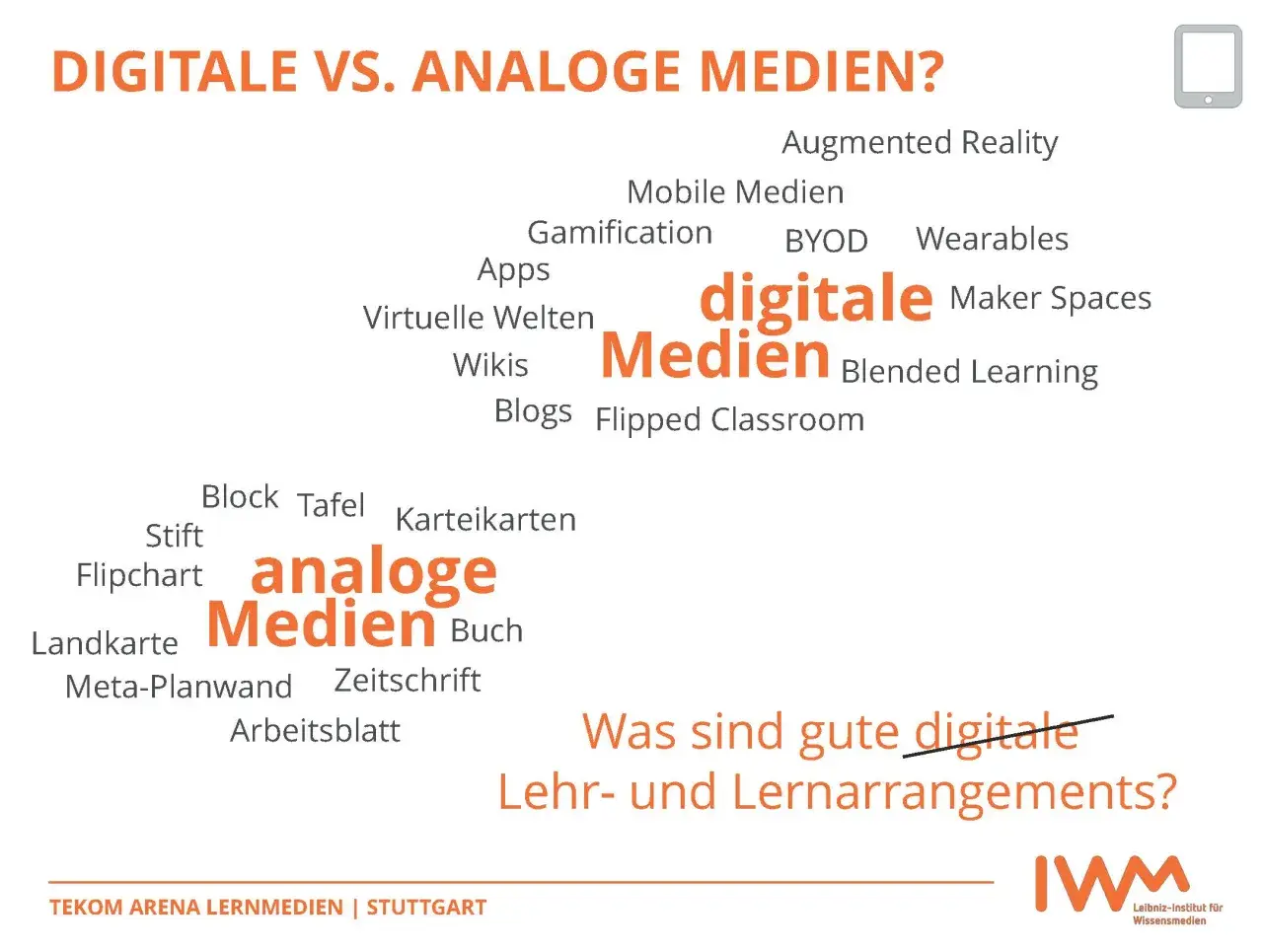 Digitale vs. analoge Medien: Augmented Reality, Gamification, Apps, Wikis, Blogs, virtuelle Welten, Maker Spaces, Blended Learning und die digitale Bedeutung von Lernarrangements.