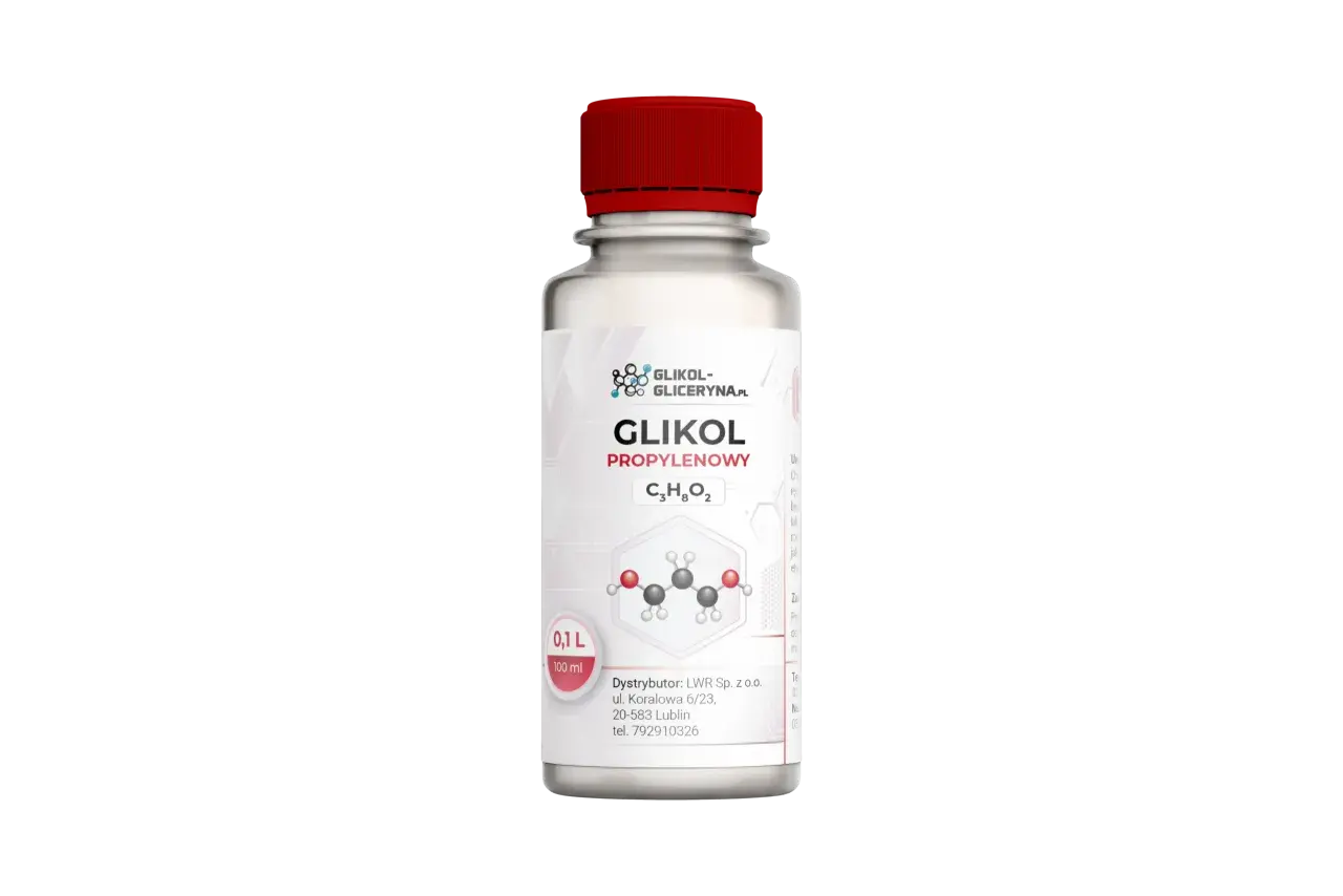 Butelka z płynem, na etykiecie nazwa "GLIKOL PROPYLENOWY" i wzór chemiczny. Dowiedz się, co to jest glikol propylenowy.