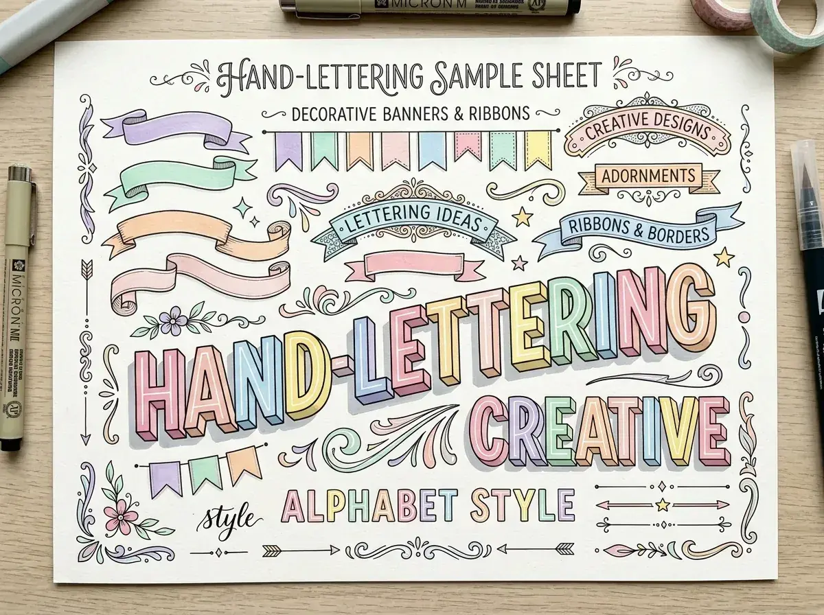Hoja de muestra de lettering con ideas de letras para títulos, adornos, cintas y bordes en estilo alfabeto.