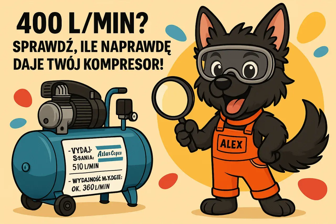 Alex, piesek w ogrodniczkach, pokazuje, jak obliczyć wydajność kompresora. Na etykiecie zbiornika widać dane: 510 L/min i 360 L/min.