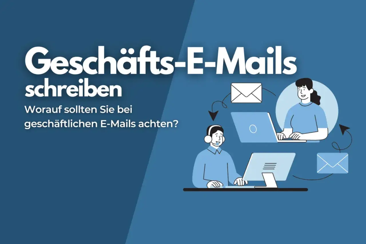 Geschäftliche E-Mails schreiben: Tipps zur e-mail etikette. Illustration zeigt Personen, die an Computern arbeiten und E-Mails austauschen.
