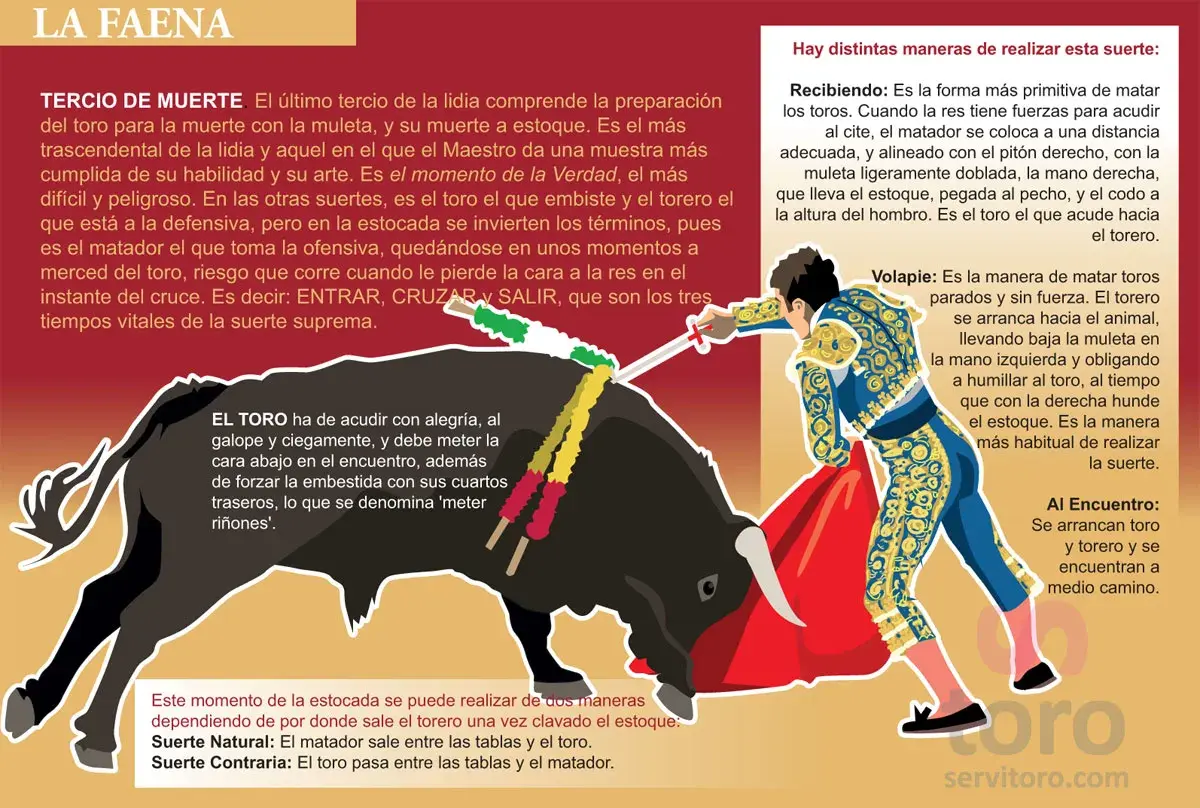 Un torero se prepara para la estocada final a un toro negro. A toro pasado todo son cuernos, pero el torero busca la suerte suprema.