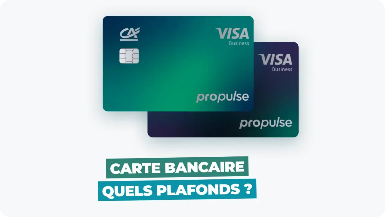 Deux cartes Visa Business "Propulse" aux dégradés verts et violets. La question "Quels plafonds ?" apparaît en bas, suggérant une gestion des dépenses sur 30 jours glissants.