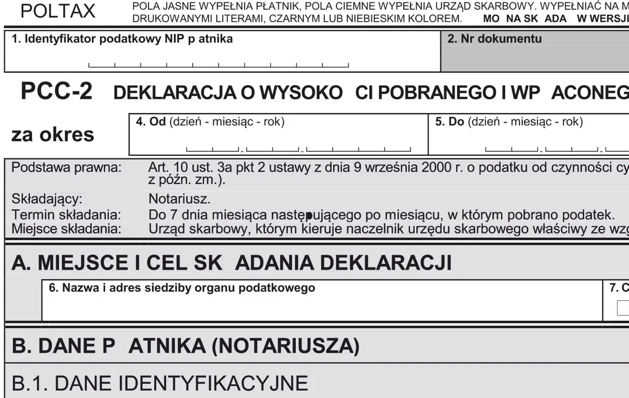 Deklaracja PCC-2 dotycząca podatku od kupna mieszkania. Formularz wypełnia notariusz.