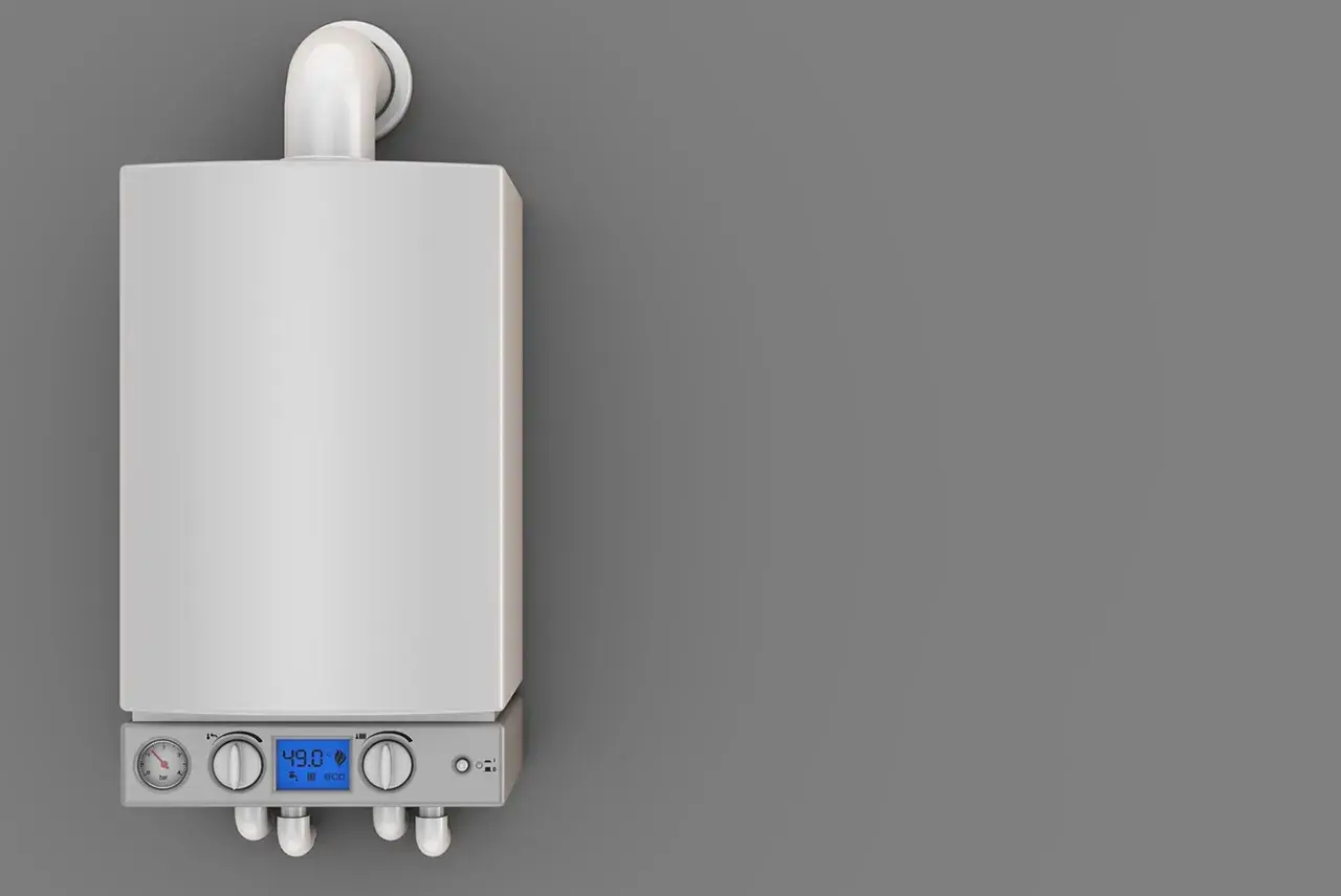 Nowoczesny piec gazowy z wyświetlaczem wskazującym temperaturę 49°C. Urządzenie pracuje w trybie eco, co sugeruje efektywne wykorzystanie energii i minimalizację kondensacji w piecu gazowym.