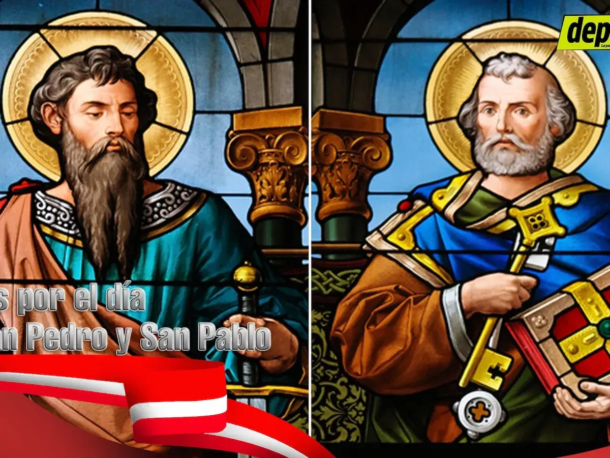 Vitrales de San Pedro y San Pablo, celebrando su día. San Pablo, con espada, y San Pedro, con llaves y libro.