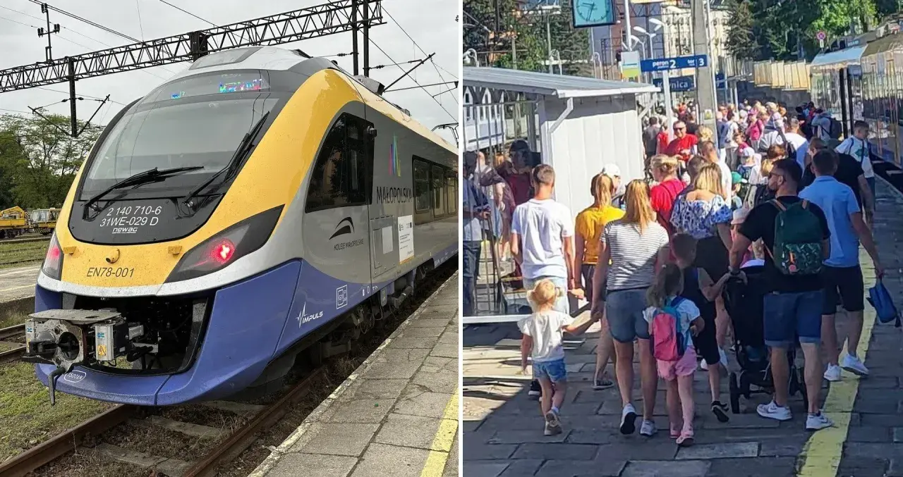 Nowoczesny pociąg Kolei Małopolskich czeka na pasażerów. Tłum ludzi, w tym rodziny z dziećmi, wsiada na peronie, gotowi na podróż pociągiem do Paryża z Krakowa.