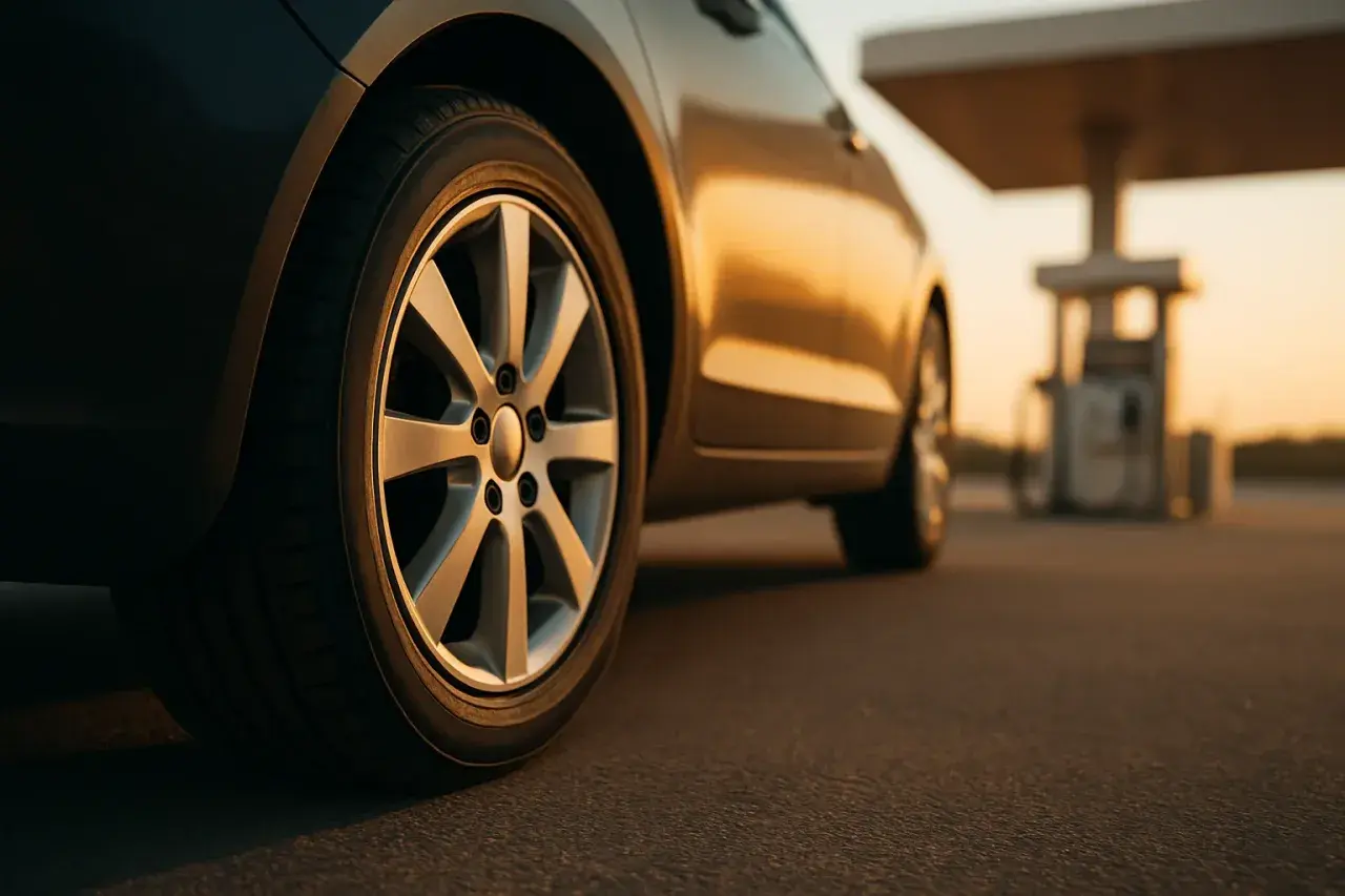 Coche en una gasolinera al atardecer. ¿Cuántas clases prácticas de coche se necesitan para llegar hasta aquí?
