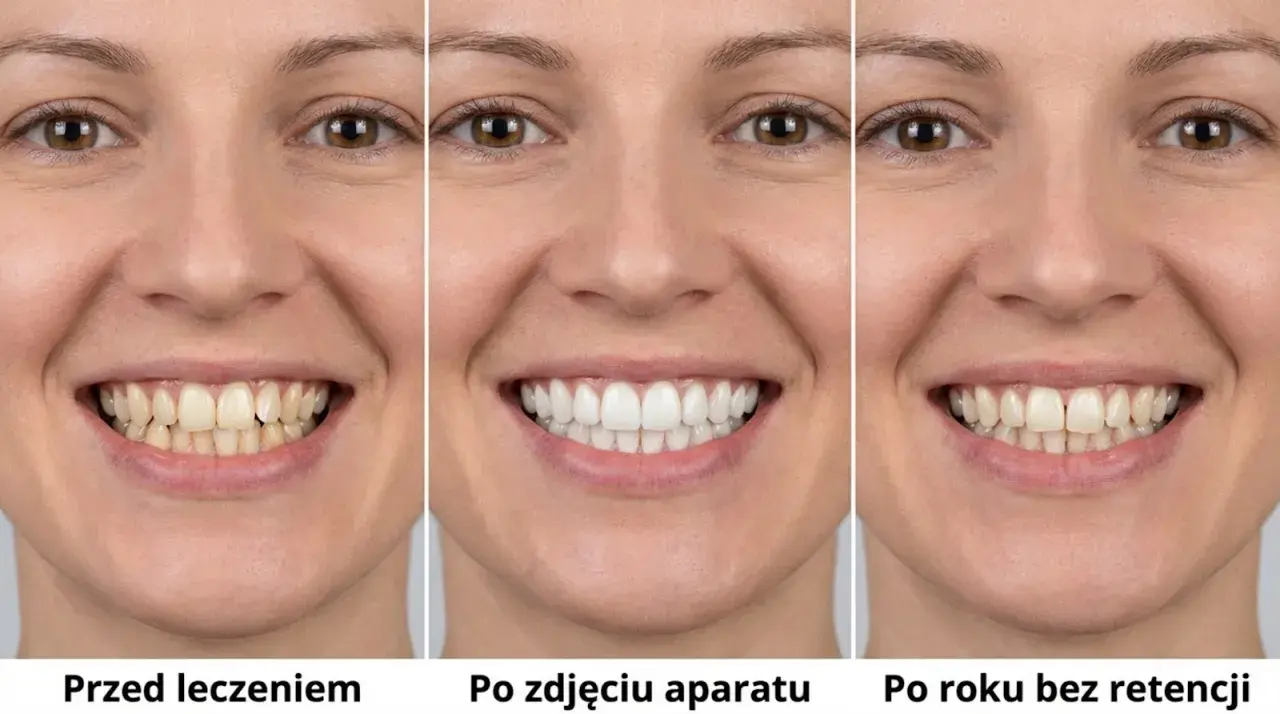 Uśmiech przed leczeniem, po zdjęciu aparatu stałego i po roku bez retencji. Widać znaczącą poprawę.