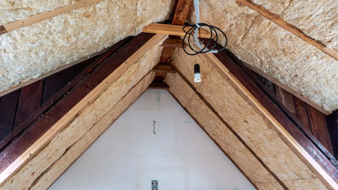 Dämmmaterial wird in einem Dachboden verlegt, um das Haus zu isolieren. Holzbalken und Kabel sind sichtbar.