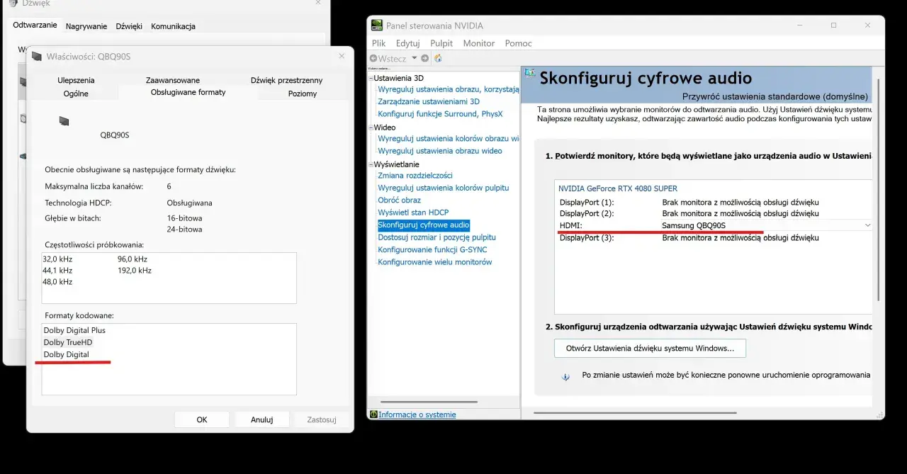 Ustawienia dźwięku w panelu sterowania NVIDIA pokazują monitor Samsung QBQ90S jako urządzenie audio.
