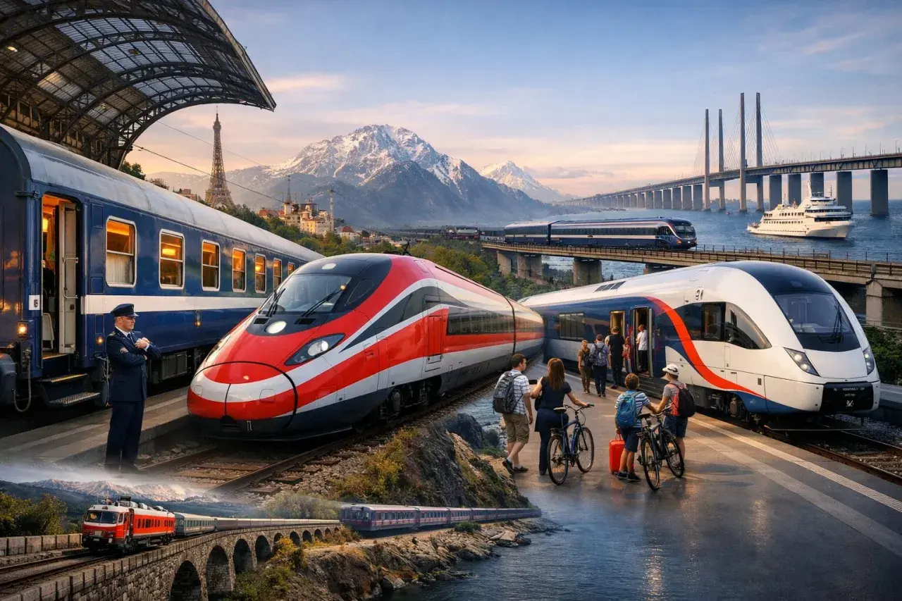 Reise mit dem hamburg budapest zug durch malerische Landschaften, vorbei an Bergen und Brücken.