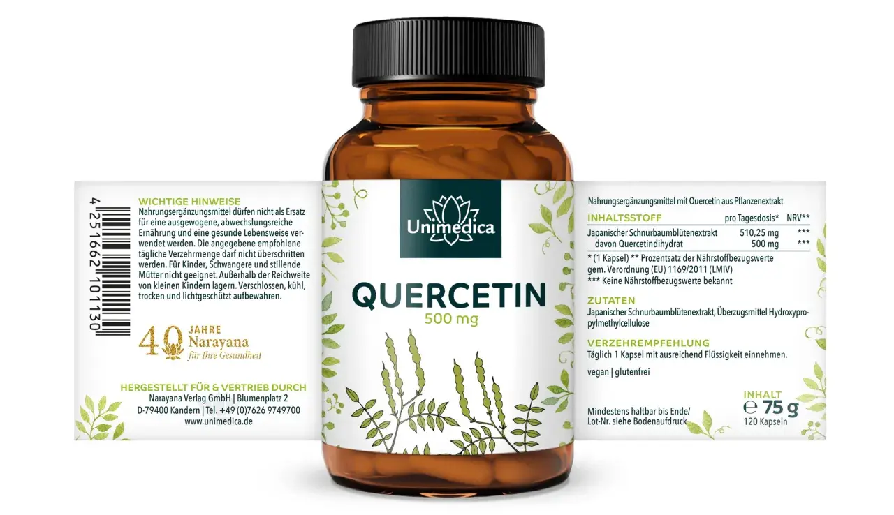 Flasche mit Quercetin-Kapseln (500 mg). Die Wirkung von Quercetin wird durch den japanischen Schnurbaumblütenextrakt unterstützt. Vegan, glutenfrei.