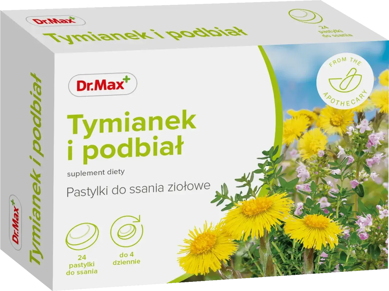 Dr.Max Tymianek i podbiał - ziołowe pastylki do ssania, idealne co na ból gardła. Opakowanie zawiera 24 sztuki.
