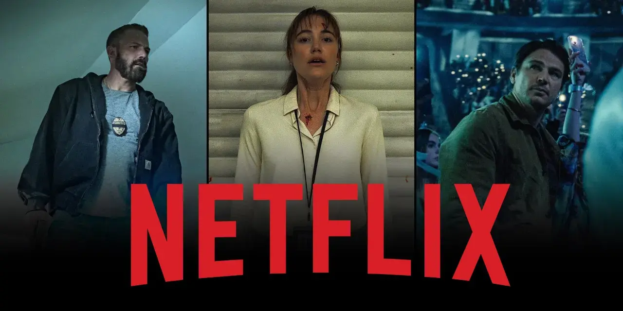 Drei Szenen aus einem spannenden Netflix-Thriller. Ein Mann mit Polizeimarke, eine Frau mit Verletzung und ein Mann mit Handy. Der beste Thriller, den Sie je gesehen haben!