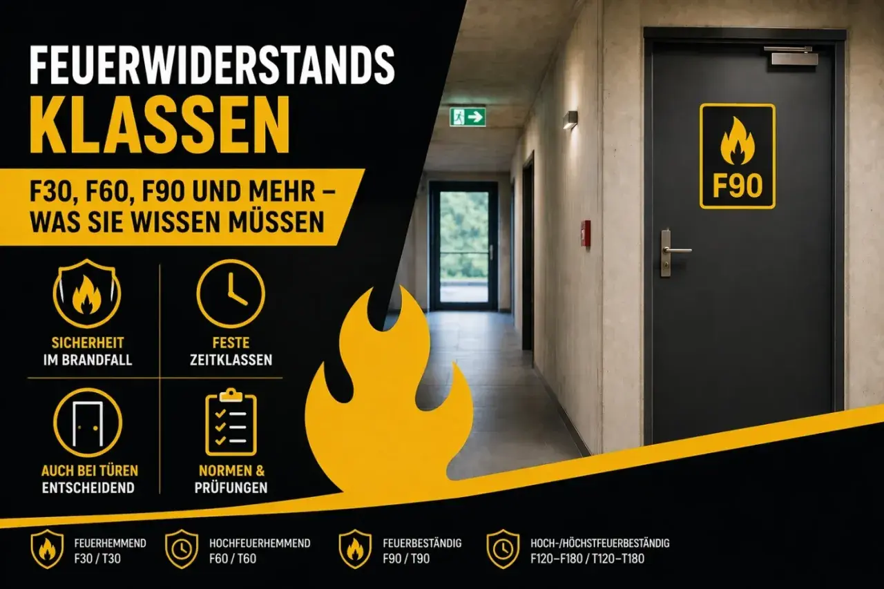 Eine Tür mit dem Aufdruck "F90" in einem Flur. Die Grafik erklärt die Feuerwiderstandsklassen Tabelle für Sicherheit im Brandfall.