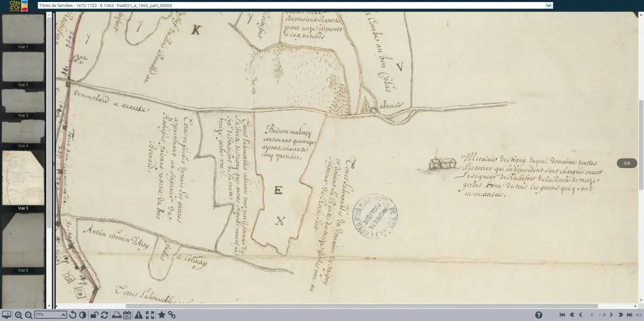 Carte ancienne des **archives Côte d'Or état civil** : parcelles, chemins et lieux-dits inscrits à la main.