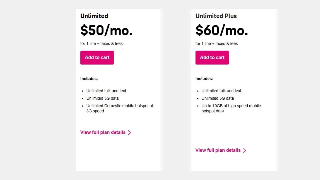Porównanie planów T-Mobile: Unlimited za $50/mies. (nielimitowany internet 5G, hotspot 3G) i Unlimited Plus za $60/mies. (nielimitowany internet 5G, 10GB szybkiego hotspotu). Idealne dla eSIM.