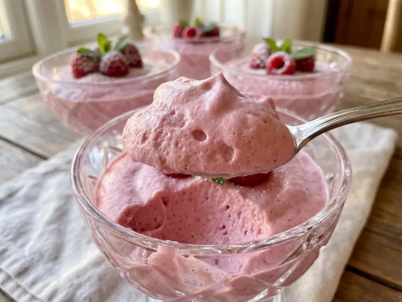 Ljuv hallonmousse utan gelatin, serverad i skålar med färska hallon och mynta. En sked lyfter fram den fluffiga konsistensen.
