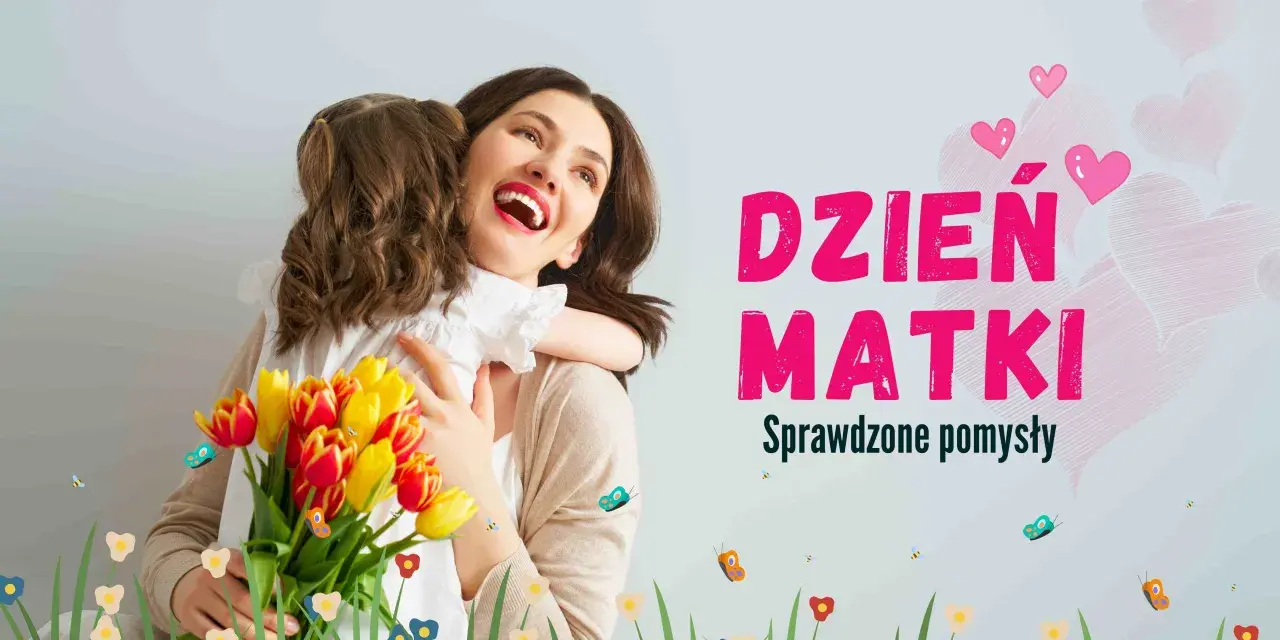 Szukasz pomysłów, gdzie zabrać mamę na Dzień Matki? Uśmiechnięta mama przytula córkę z bukietem tulipanów.