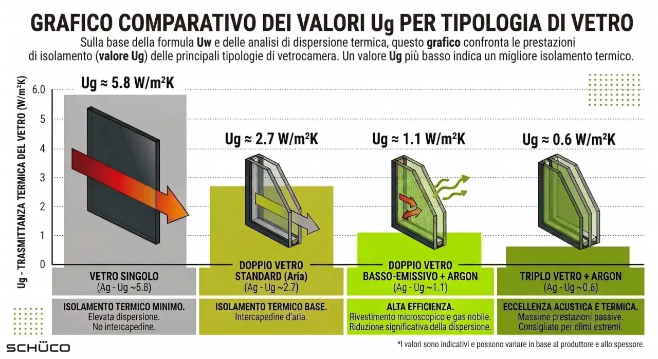 Grafico mostra la trasmittanza termica (Ug) di vetri diversi: singolo, doppio standard, basso-emissivo e triplo. Valori Ug più bassi indicano miglior isolamento.