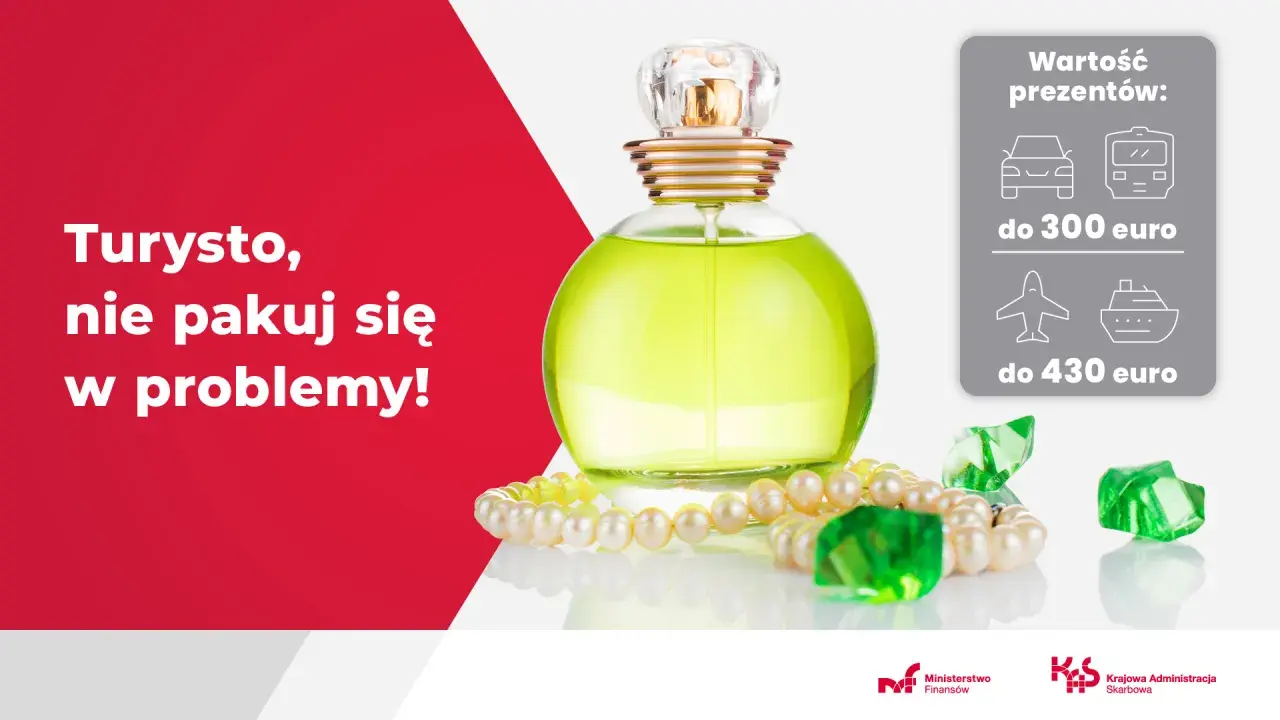 Flakon perfum, naszyjnik z pereł i zielone kamienie obok ikonek pojazdów i limitów euro.