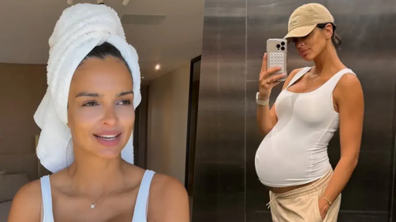 Klaudia El Dursi w ciąży, z ręcznikiem na głowie i w białej bluzce, a obok selfie z widocznym brzuszkiem ciążowym.