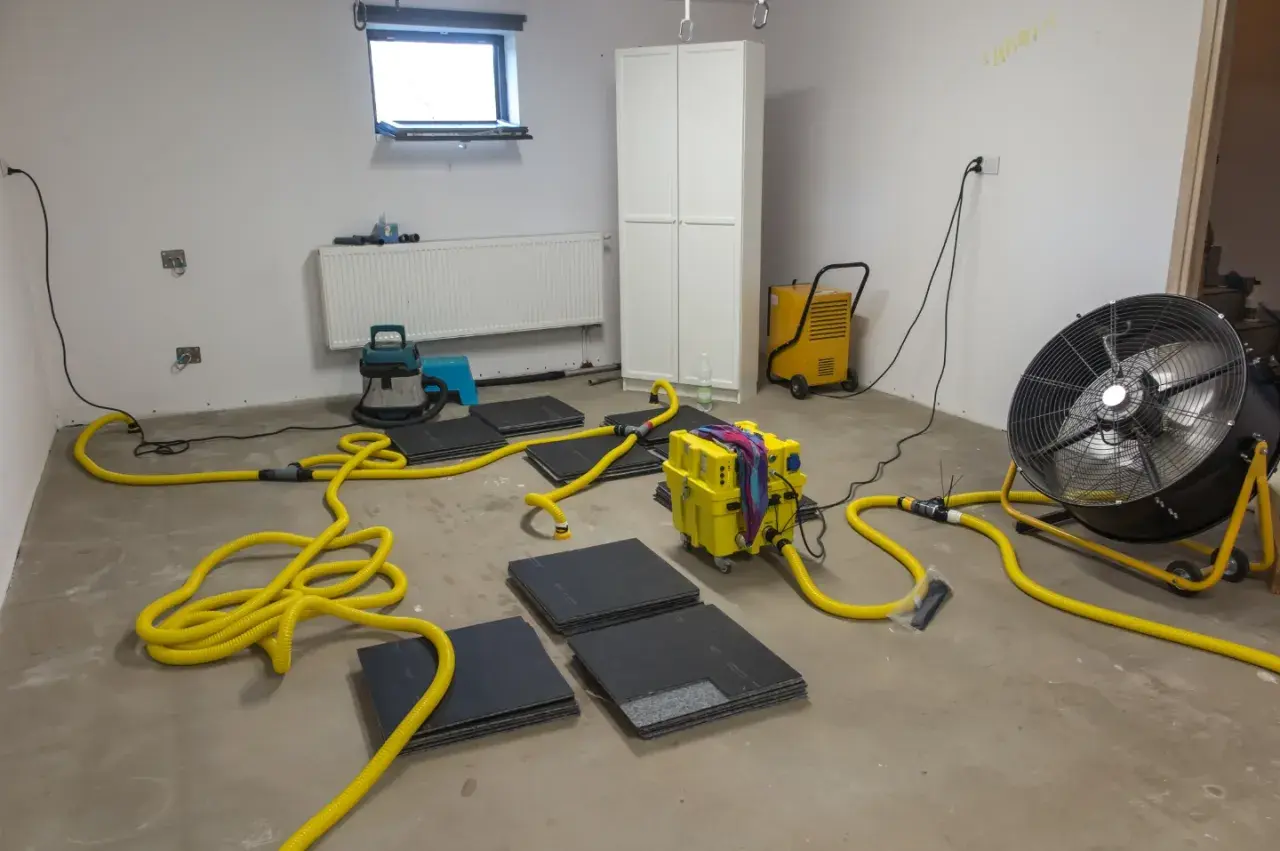 Gerät zur **Keller trockenlegen von innen selber machen**: Bautrockner, Ventilator und Schläuche im Einsatz.