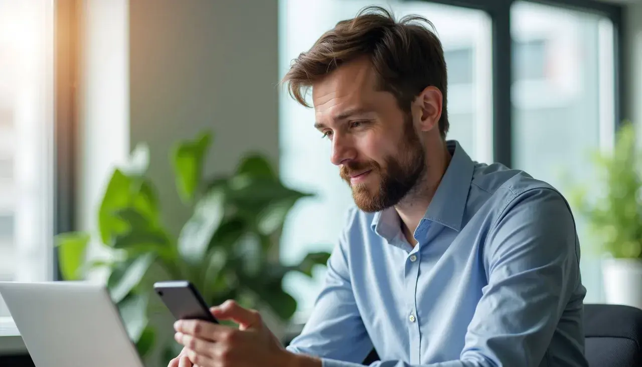 Mężczyzna z brodą korzysta z telefonu i laptopa, planując leasing w Peako.