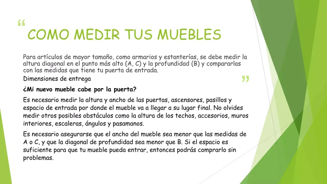 Guía sobre como se mide un mueble para asegurar que quepa por puertas y pasillos. Incluye medidas de altura, ancho y diagonal.