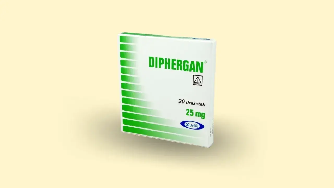 Opakowanie leku Diphergan 25 mg, zawierające 20 drażetek.