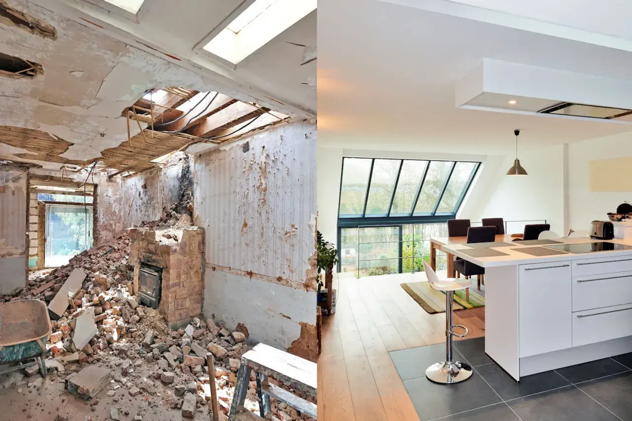 Avant/après : une maison en ruine transformée en cuisine moderne et lumineuse. Un choix entre construire ou acheter.