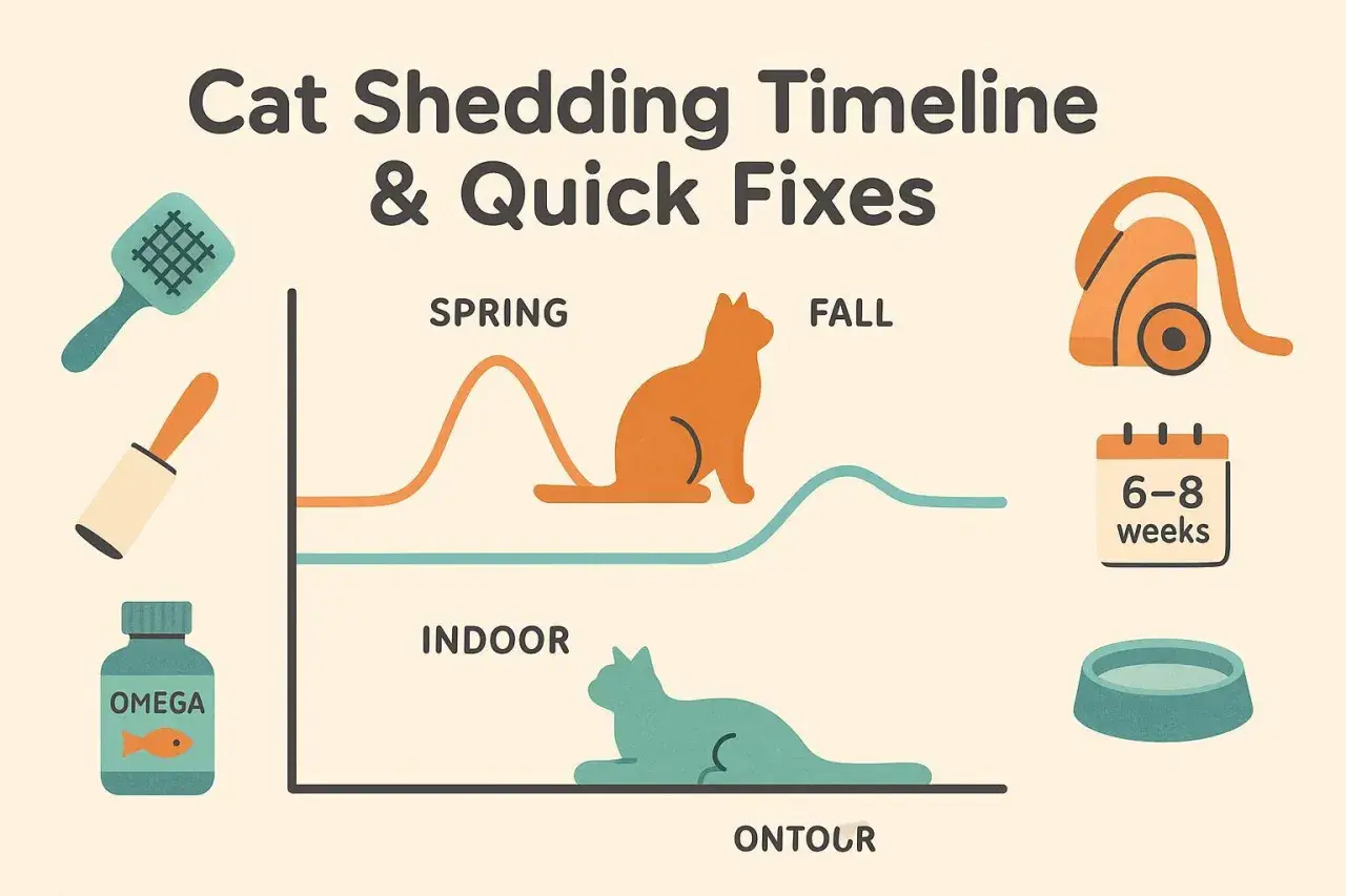 Cat shedding timeline shows peak shedding in spring and fall. Indoor cats shed less. Tools like brushes, vacuums, and omega supplements help manage cat shedding.
