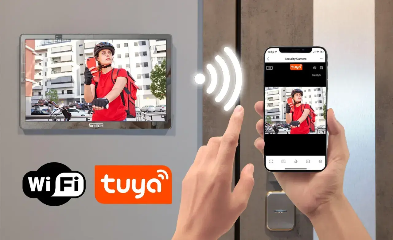Monitor z kamerą i smartfon z aplikacją Tuya Smart PC pokazują kuriera.