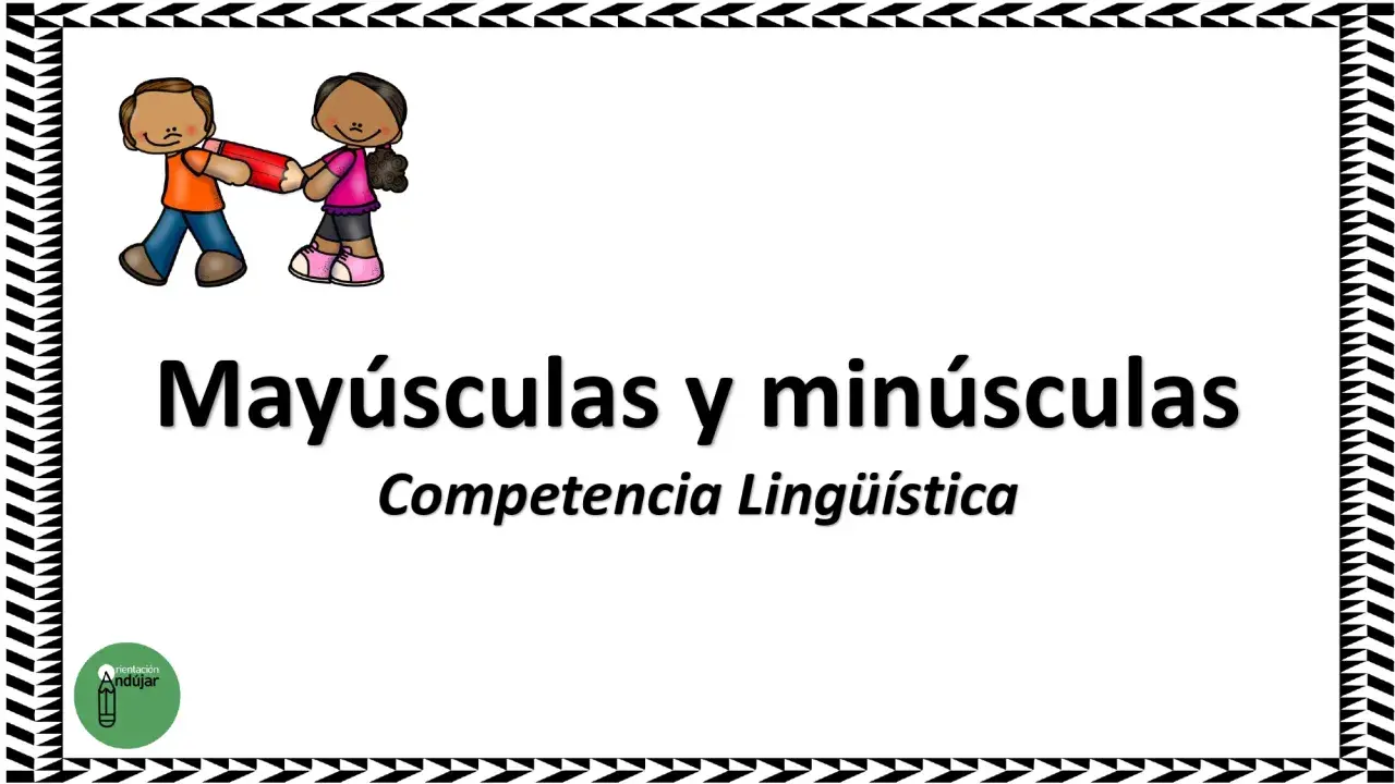 Dos niños tiran de un lápiz, ilustrando el tema "Mayúsculas y minúsculas". Ideal para ejercicios para imprimir.