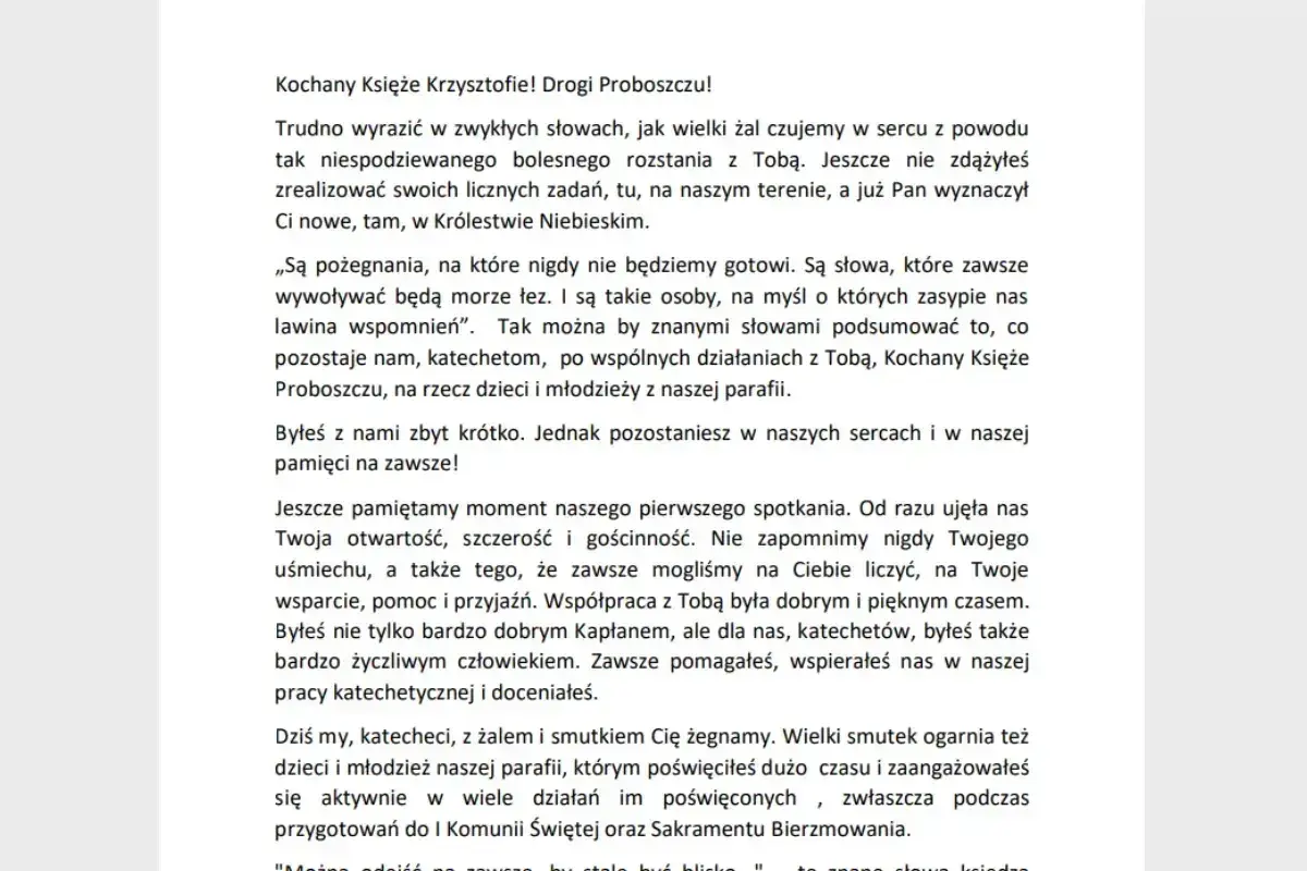 Wspomnienie o zmarłym proboszczu, który był wsparciem dla katechetów i dzieci. Modlitwa za dusze rodziców.