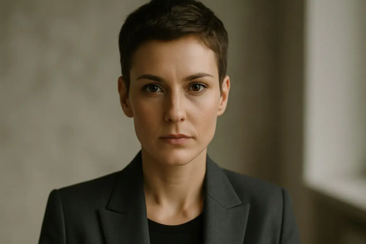 Portret osoby o wyrazistej, androgenicznej urodzie w eleganckiej marynarce.