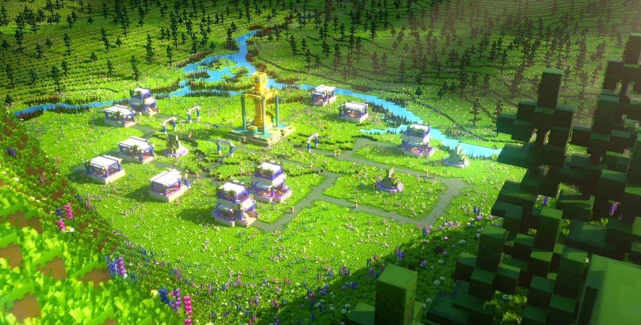 Wioska w stylu Minecraft z rzeką i lasem. Dowiedz się, jak włączyć komendy w MC, by tworzyć takie cuda!