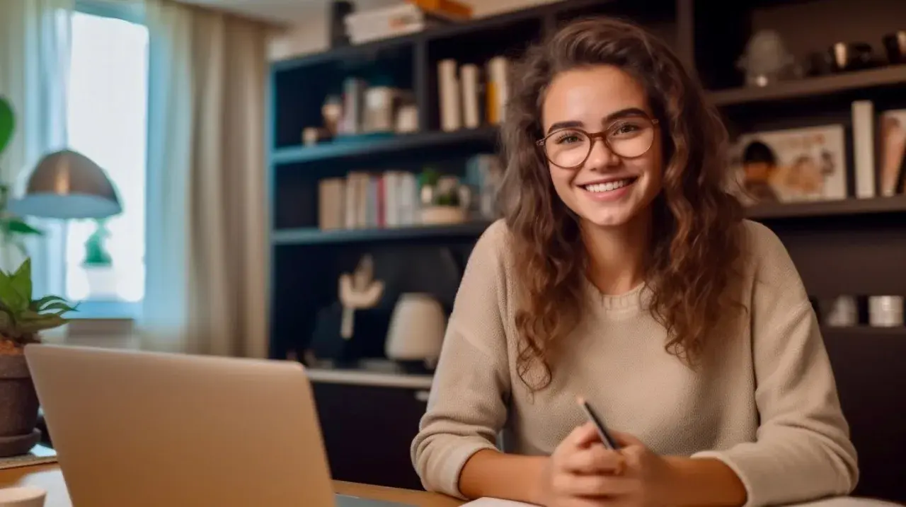 Lächelnde junge Frau mit Brille lernt am Laptop. Sie nutzt die Zeit für ein Bildungsurlaub Fernstudium, um sich weiterzubilden.