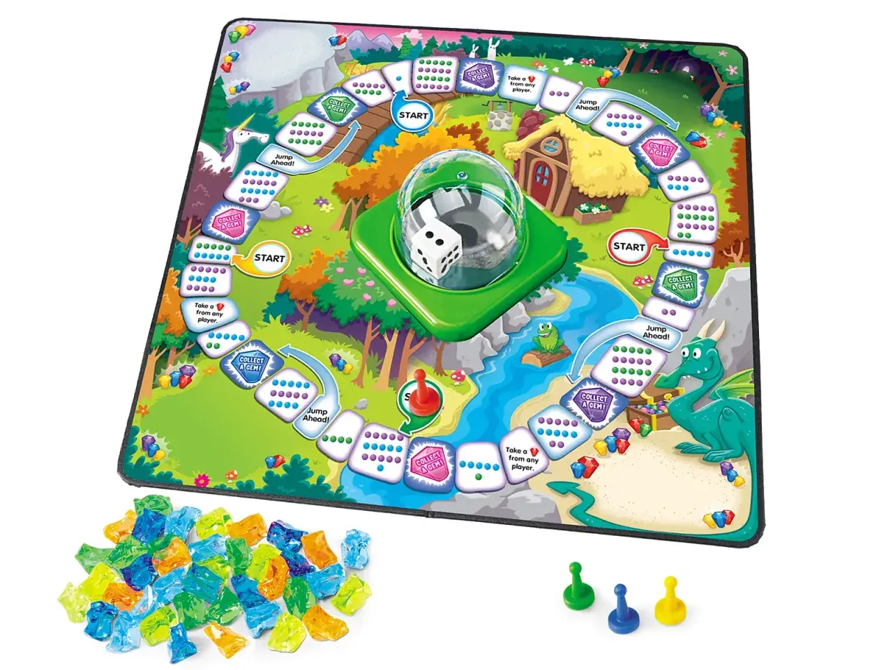 Tablero de juego infantil con dragón, unicornio y gemas de colores.