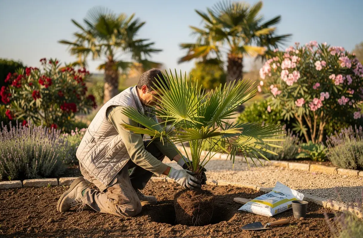 Un homme agenouillé est en train de planter un palmier dans un jardin ensoleillé, entouré de fleurs roses et de lavande.