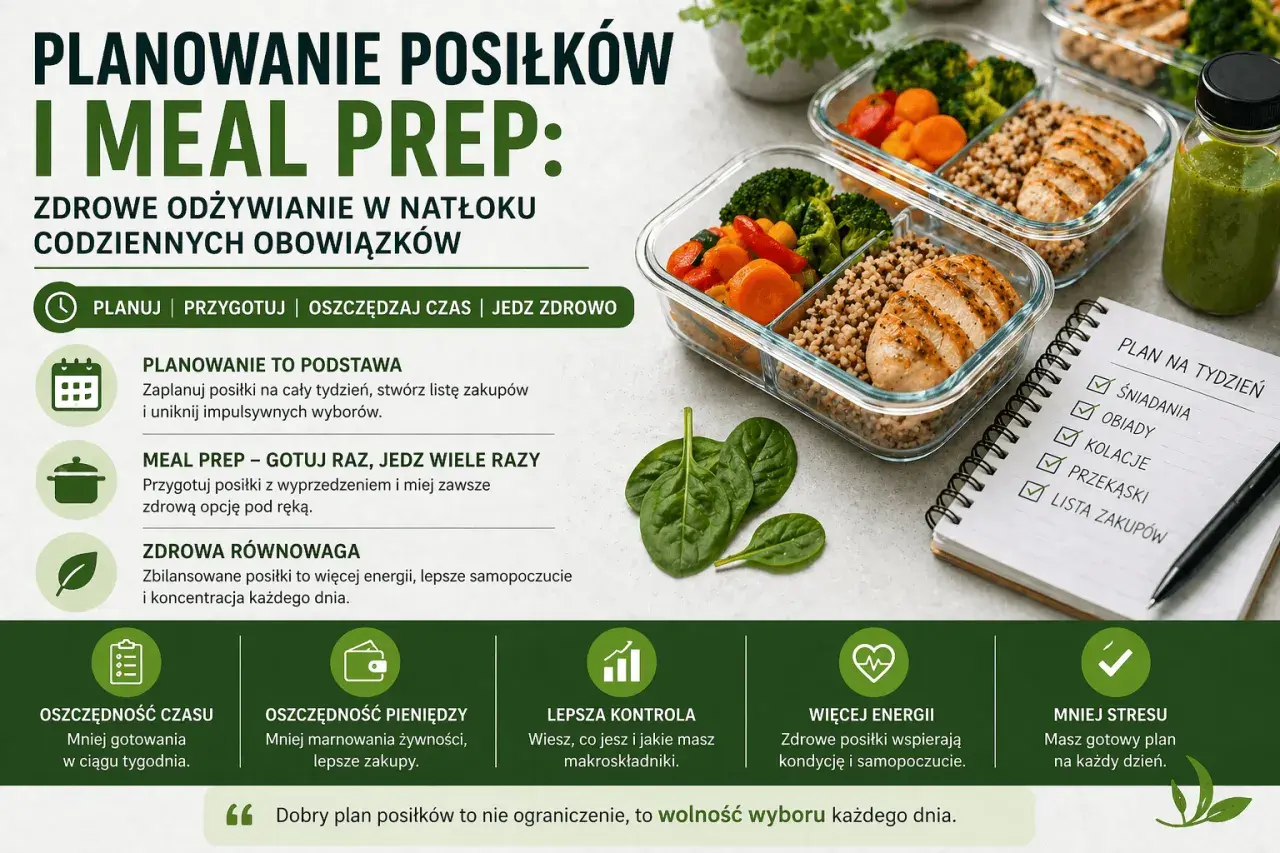 Gotowe pojemniki z jedzeniem, liście szpinaku i notatnik z listą zakupów. Meal prep to klucz do zdrowego odżywiania i oszczędności czasu.