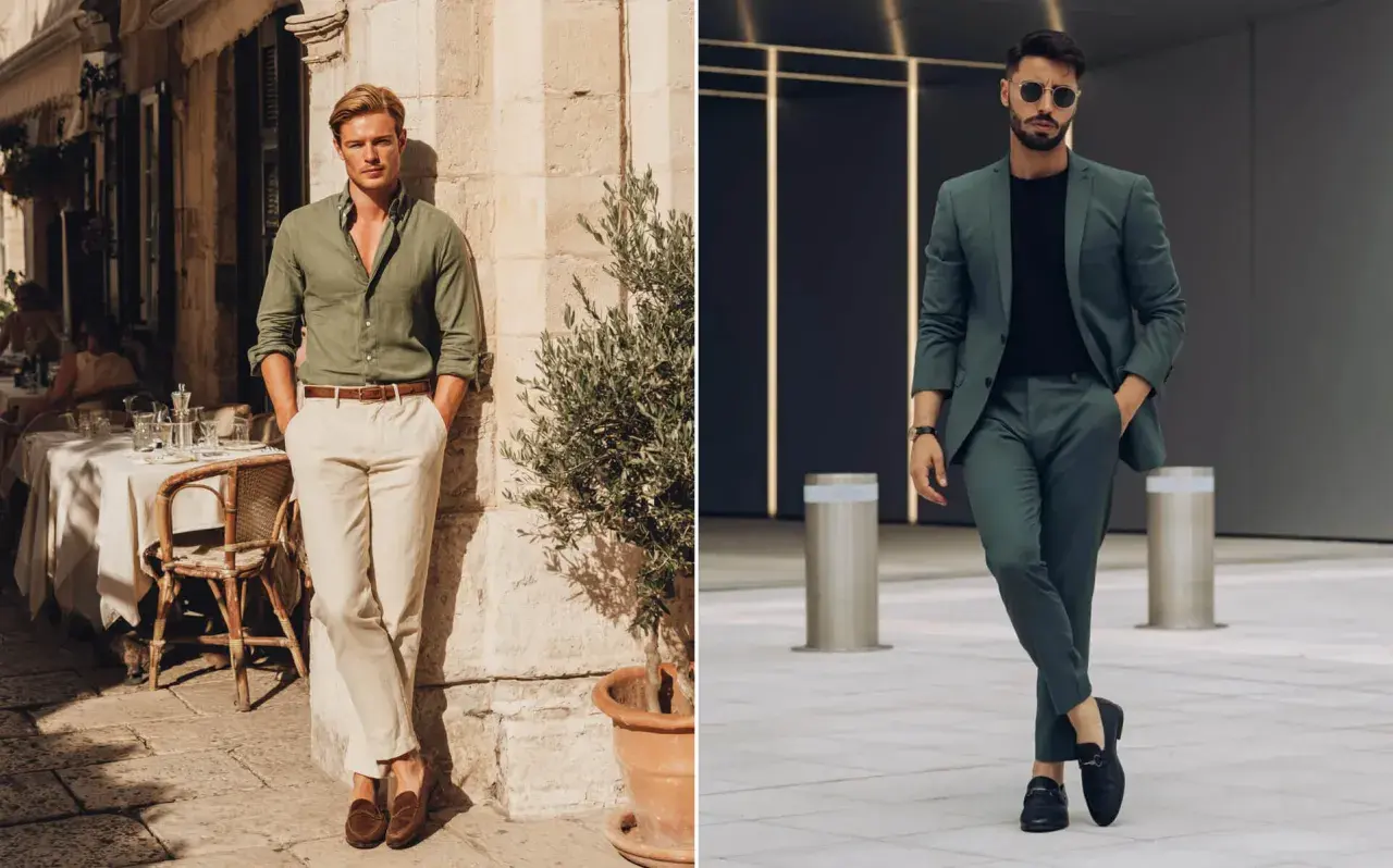 Zwei Männer zeigen, welche Farben passen zu olivgrün: lässig mit Beige und elegant im Anzug.