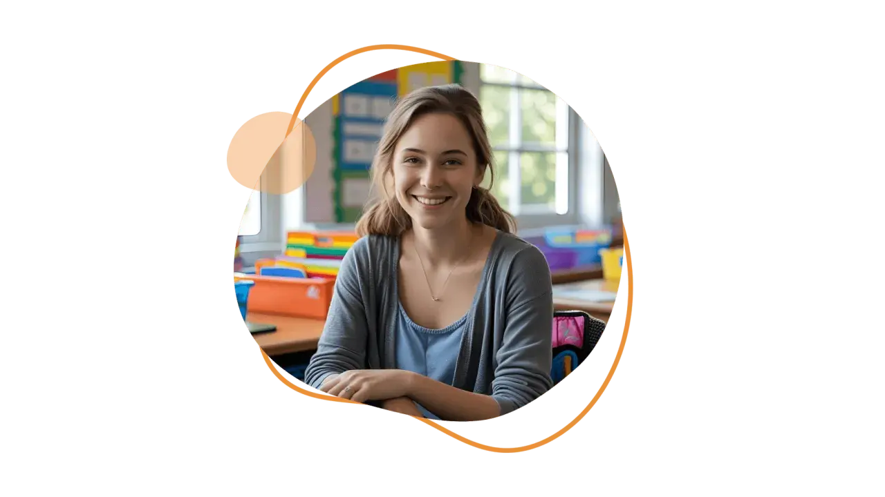 Lächelnde junge Frau im Klassenzimmer, die ihre erzieher ausbildung online absolviert. Bunte Ordner im Hintergrund.