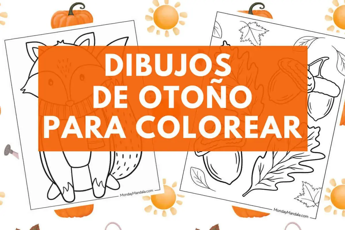 Dibujos de otoño para colorear con un zorro amigable y bellotas. ¡Perfecto para actividades infantiles!