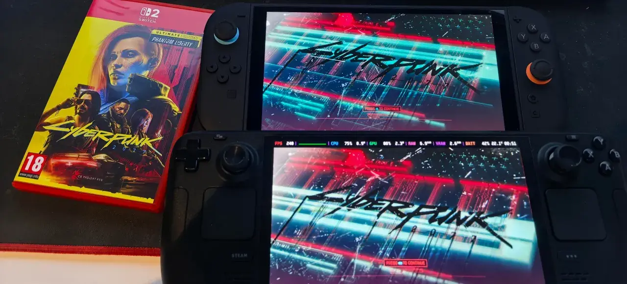Caja de Cyberpunk 2077 Ultimate Edition para Switch junto a una Steam Deck y una consola portátil mostrando el juego. ¡Ideal para comparar los requisitos!